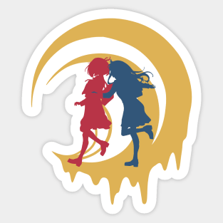 Lycoris Recoil Anime Characters Takina and Chisato Wallpaper with Melted Yellow Logo Sticker